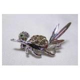 Vintage Silver Tone Road Runner Brooch Pin w/Green