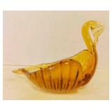 Vintage Hand Blown Amber Art Glass Swan Dish