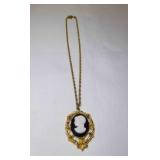 Vintage Gold Tone Cameo Necklace With Black And