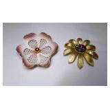 Vintage Pink Flower Brooch With Gold Tones Signed