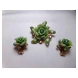 Set of CATHE Green Plastic Roses Brooch & Clip On