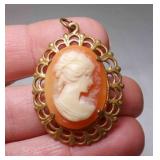 Vintage Gold Tone Carved Shell Cameo Necklace
