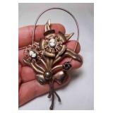Vintage Copper Tone Flower Brooch w/2 Cameo Center