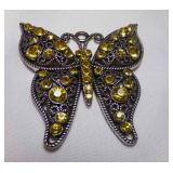 Vintage Silver Tone Yellow Rhinestone Butterfly