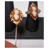 2 1978 AVON Cameo Stick Pin & Matching Ring Size