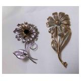 Vintage Silver Tone Flower Brooch Black Rhinestone