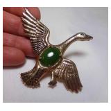 Vintage Gold Tone Mallard Duck Brooch w/Faux Jade