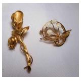 Gold Tone Rose Flower Brooch & Gold Tone Brooch
