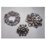 3 Vintage Silver Tone Rhinestone Brooches Flower