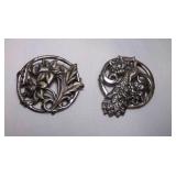 2 Silver Tone Art Nouveau Style Brooches Peacock