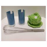 Cabbage w/lid & plate, 2 clear vases, giant whisk