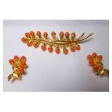 4" CATHE Long Faux Coral Gold Tone Leaf Brooch &