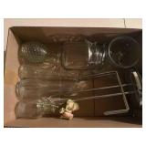 ASSORTED CLEAR GLASS BOTTLES, JARS, VASES