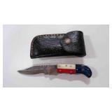 Damascus steel folding pocket knife with sheath