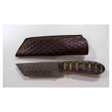 Damascus steel tanto bladed knife with sheath