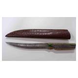Damascus steel long fillet blade knife with sheath
