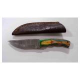 Damascus steel fixed blade knife with sheath