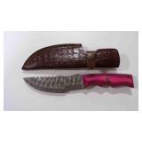 Damascus steel fixed-blade knife with sheath