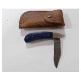 Damascus steel folding pocket knife with sheath