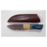 Damascus steel fixed-blade knife with sheath