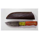 Damascus steel fixed-blade knife with sheath