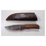 Damascus steel fixed blade knife with sheath