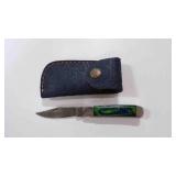 Damascus steel folding pocket knife with sheath