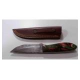Damascus steel fixed-blade knife with sheath