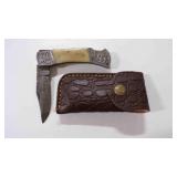 Damascus steel folding pocket knife with sheath