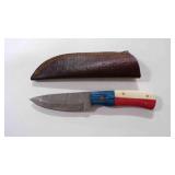 Damascus steel fixed-blade knife with sheath
