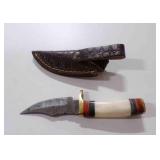 Damascus steel miniature skinning knife w/sheath