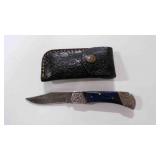 Damascus steel folding pocket knife with sheath