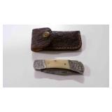 Damascus steel folding pocket knife with sheath