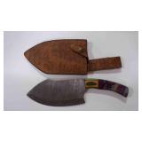 Damascus steel cleaver bladed knife with sheath