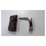 Damascus steel folding pocket knife with sheath