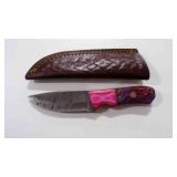 Damascus steel fixed-blade knife with sheath