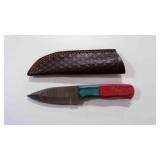 Damascus steel drop point knife with sheath