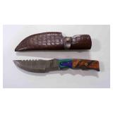 Damascus steel fixed-blade knife with sheath