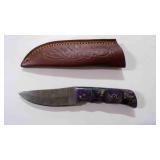 Damascus steel fixed-blade knife with sheath