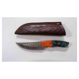 Damascus steel fixed-blade knife with sheath