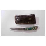 Damascus steel folding pocket knife with sheath