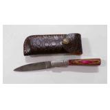 Damascus steel folding pocket knife with sheath