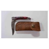 Damascus steel folding pocket knife with sheath