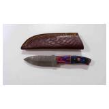 Damascus steel fixed-blade knife with sheath