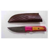 Damascus steel fixed-blade knife with sheath
