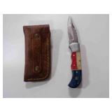 Damascus steel folding pocket knife with sheath