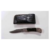 Damascus steel folding pocket knife with sheath