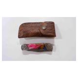 Damascus steel folding pocket knife with sheath