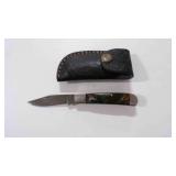 Damascus steel folding pocket knife with sheath