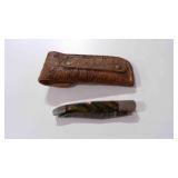 Damascus steel folding pocket knife with sheath